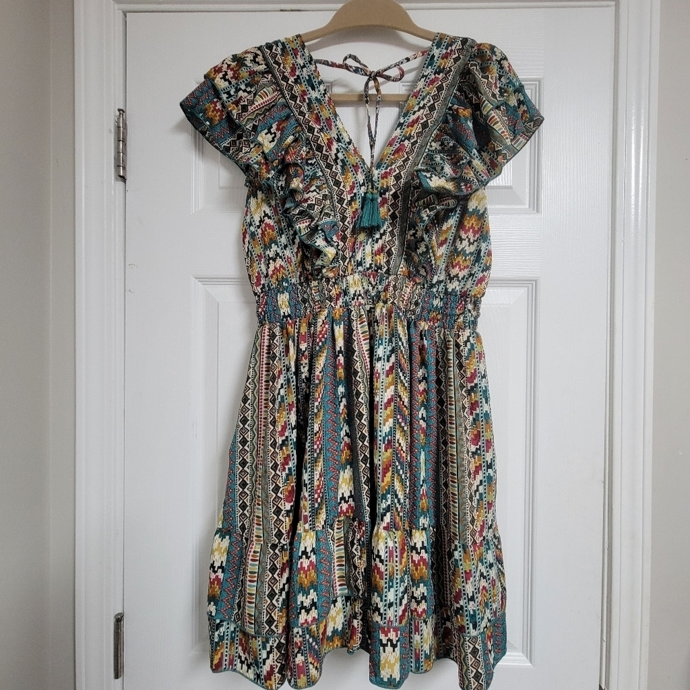Antropologie Boemo Aztec Soutwestern Ruffle Short Skeeve Boho Mini Dress. - Picture 6 of 7